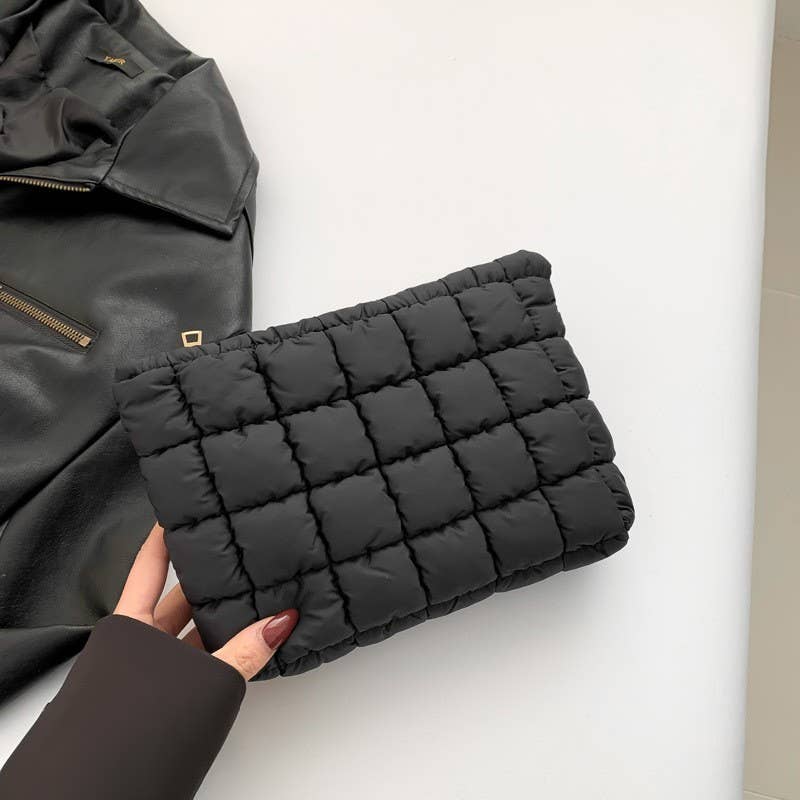Quilted Puffy Cosmetic Pouch Clutch | Makeup Bag Organizer- Black