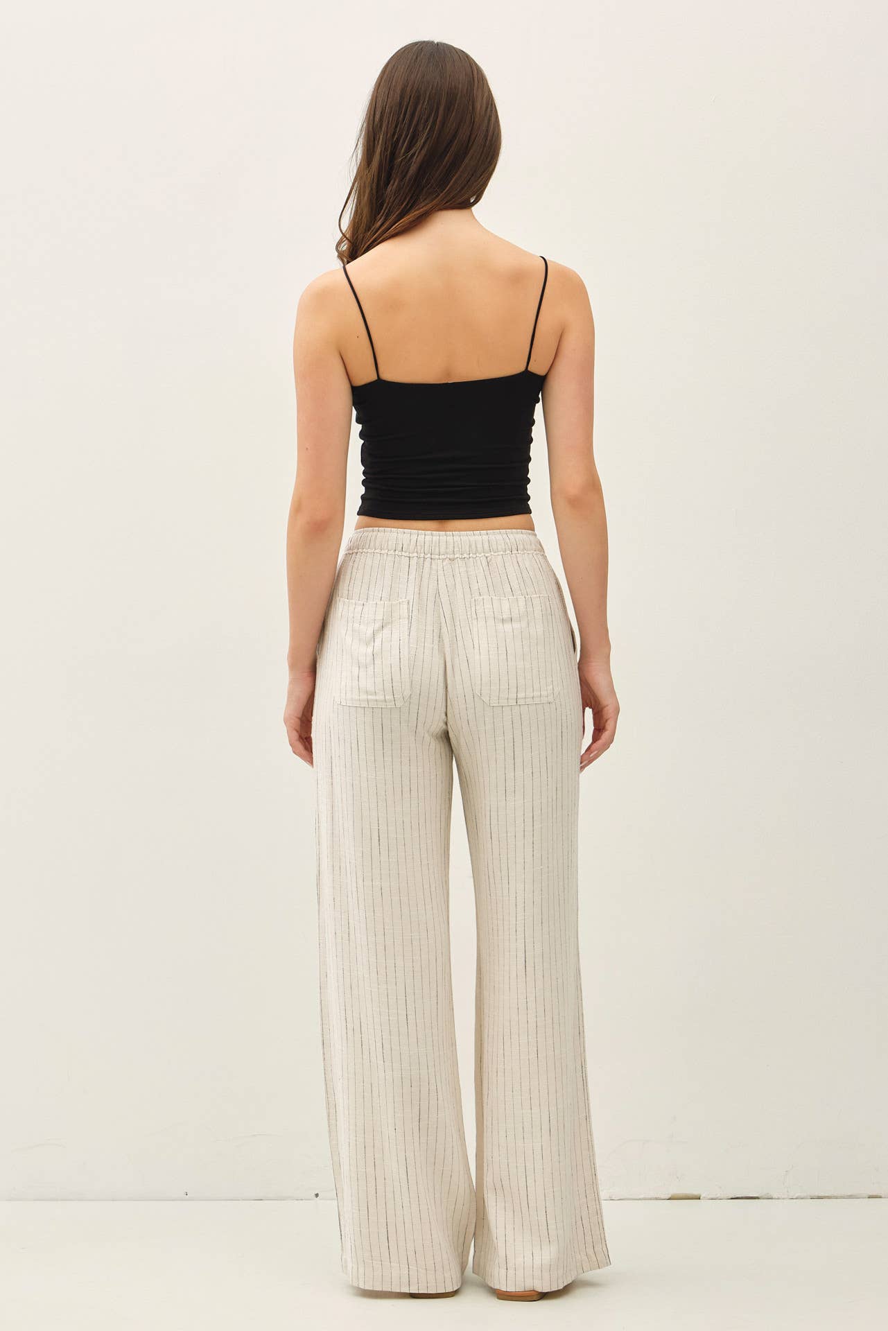 Cream Pinstripe Linen Blend Wide Leg Pants