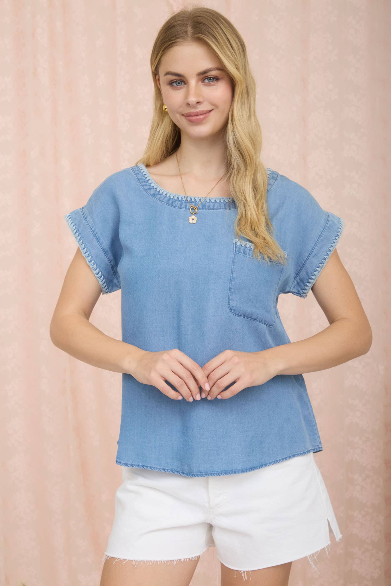 Chambray Contrast Stitch Pocket Top