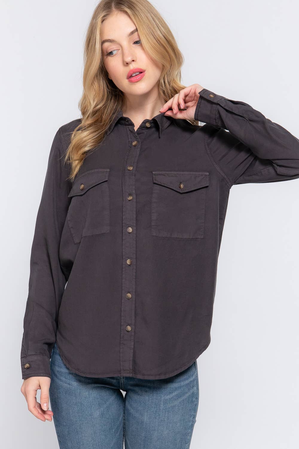 Long Sleeve Tencel Shirt- Charcoal