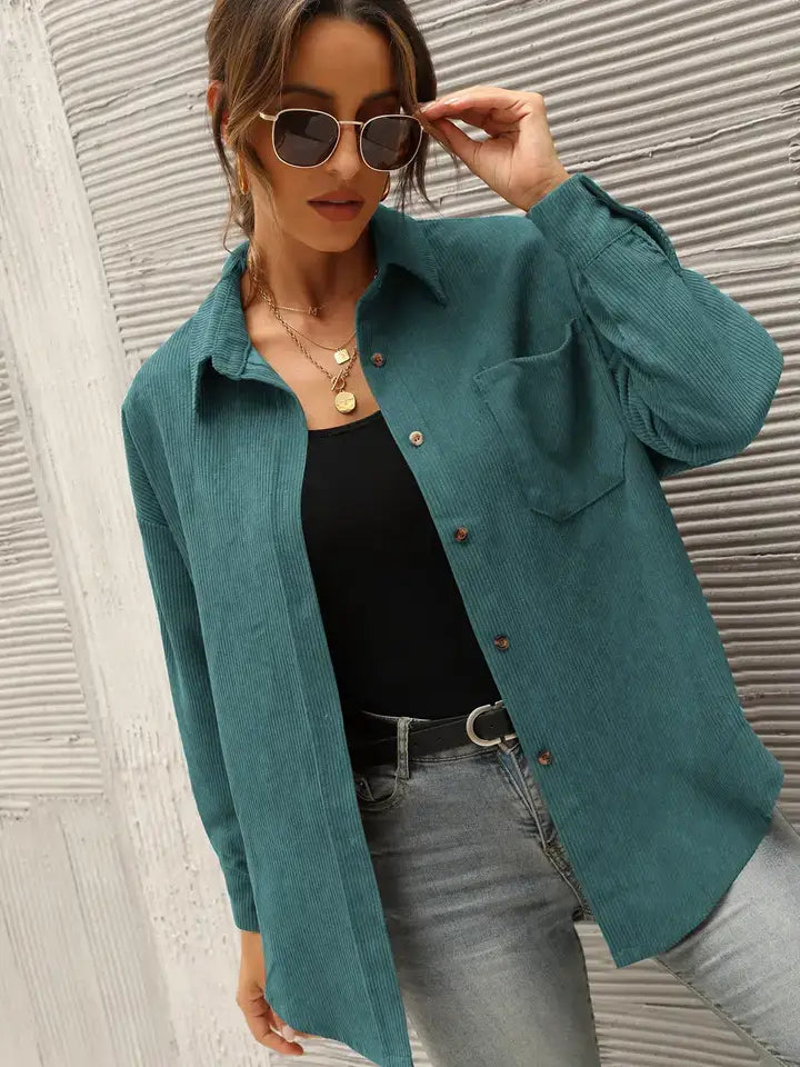 Women's Casual Loose Fit Corduroy Button-Down Shirt: Dark green