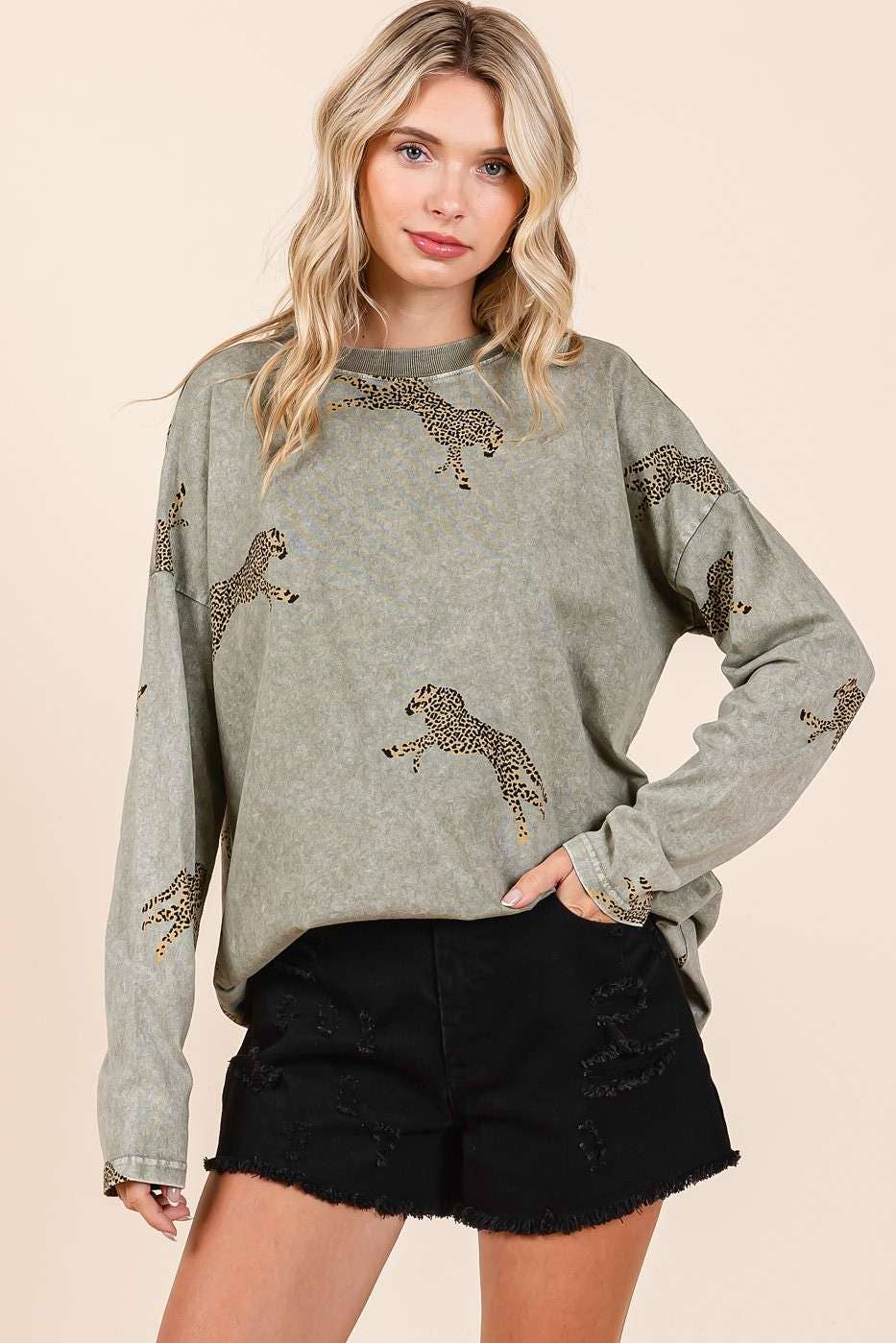 Mineral Wash Long Sleeve Cheetah Print Shirt