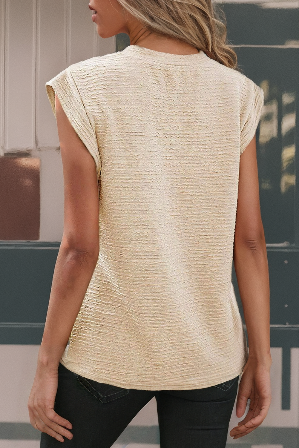 Casual Textured Sleeveless Shirt- Beige