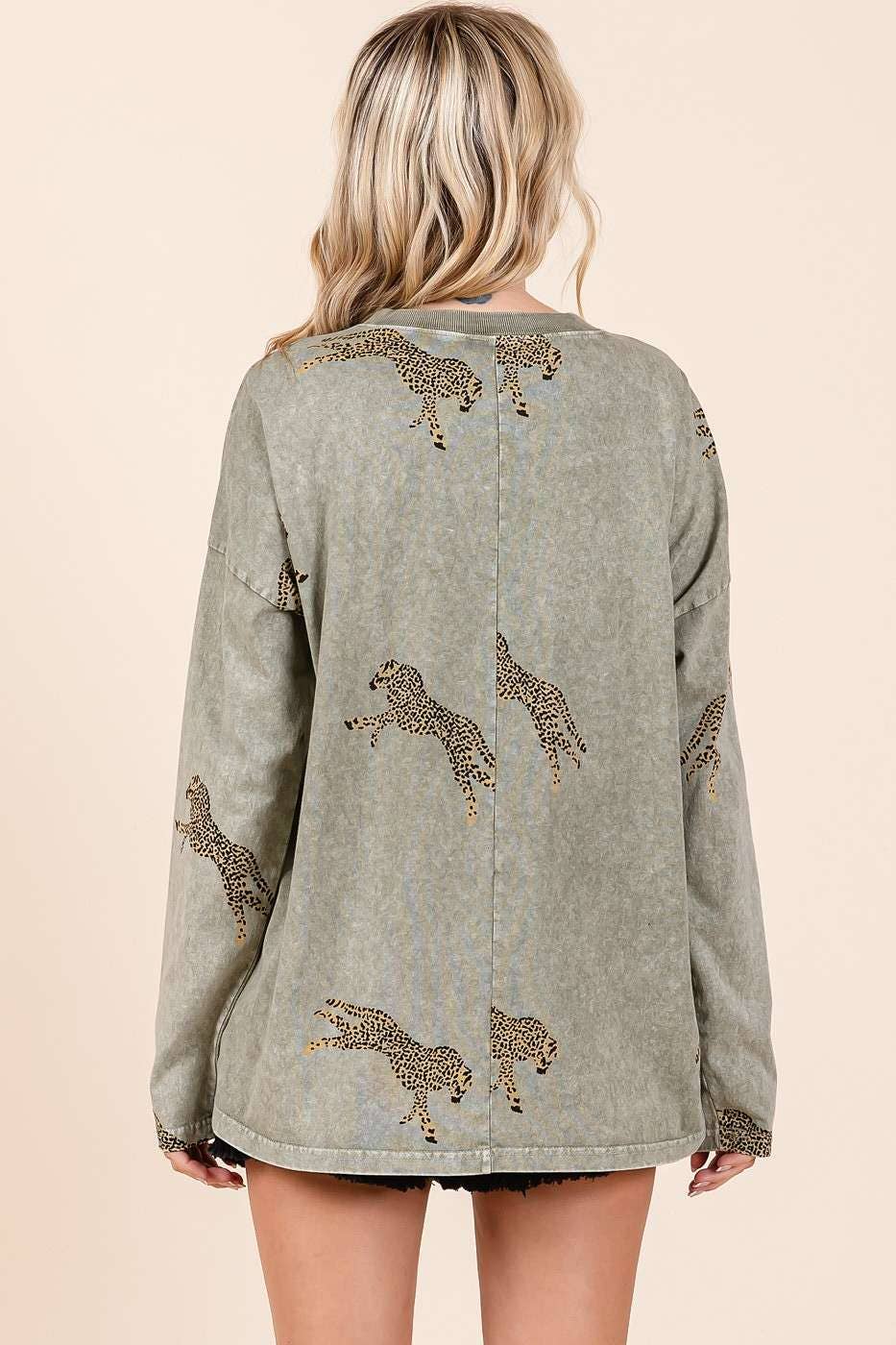 Mineral Wash Long Sleeve Cheetah Print Shirt