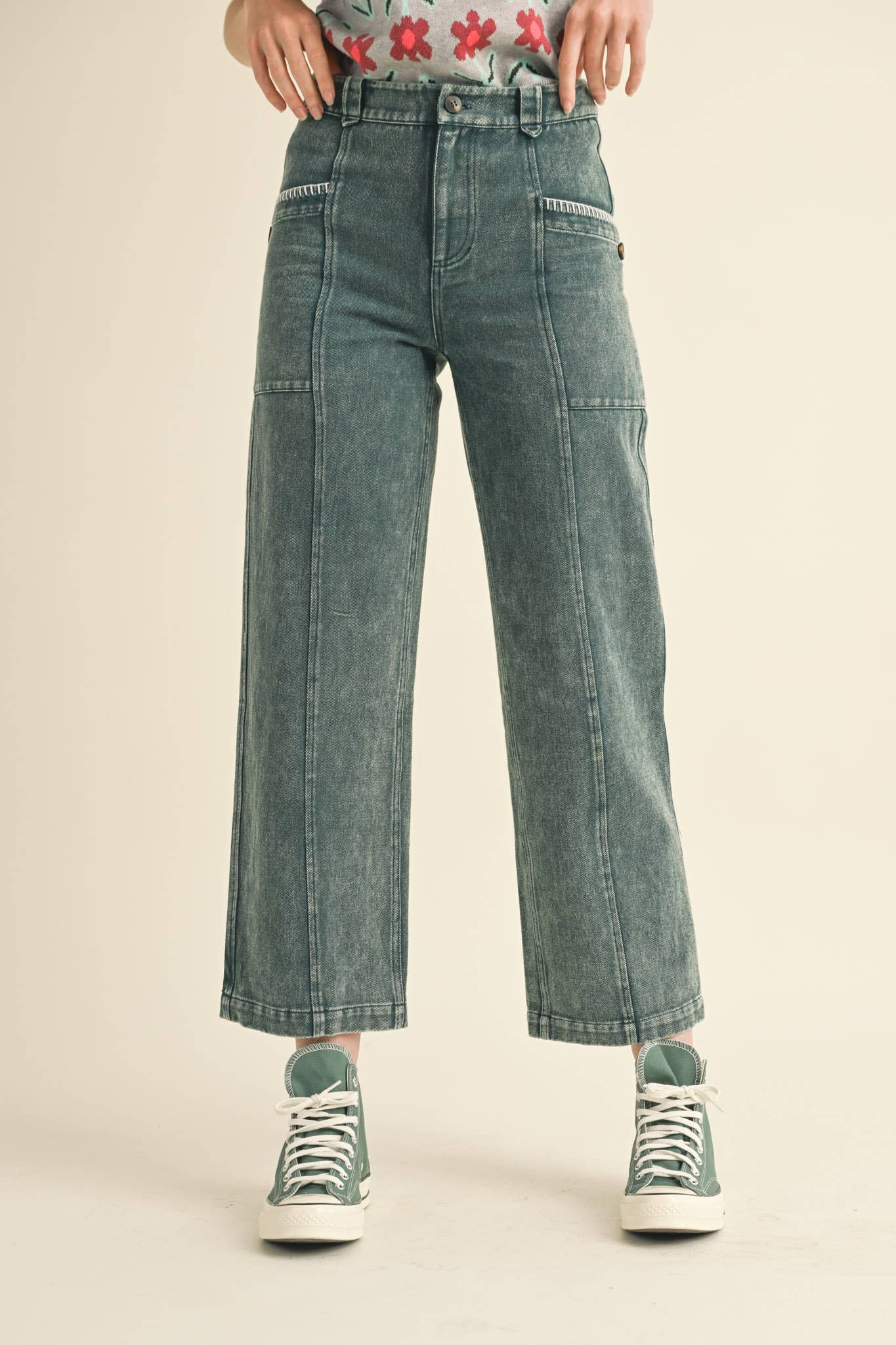 Scallop Stitch Straight Leg Pants: Hunter Green