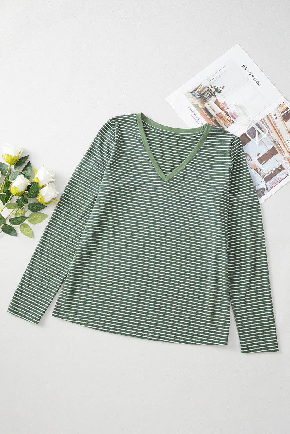 Stripe V-Neck Long Sleeve Top- Green