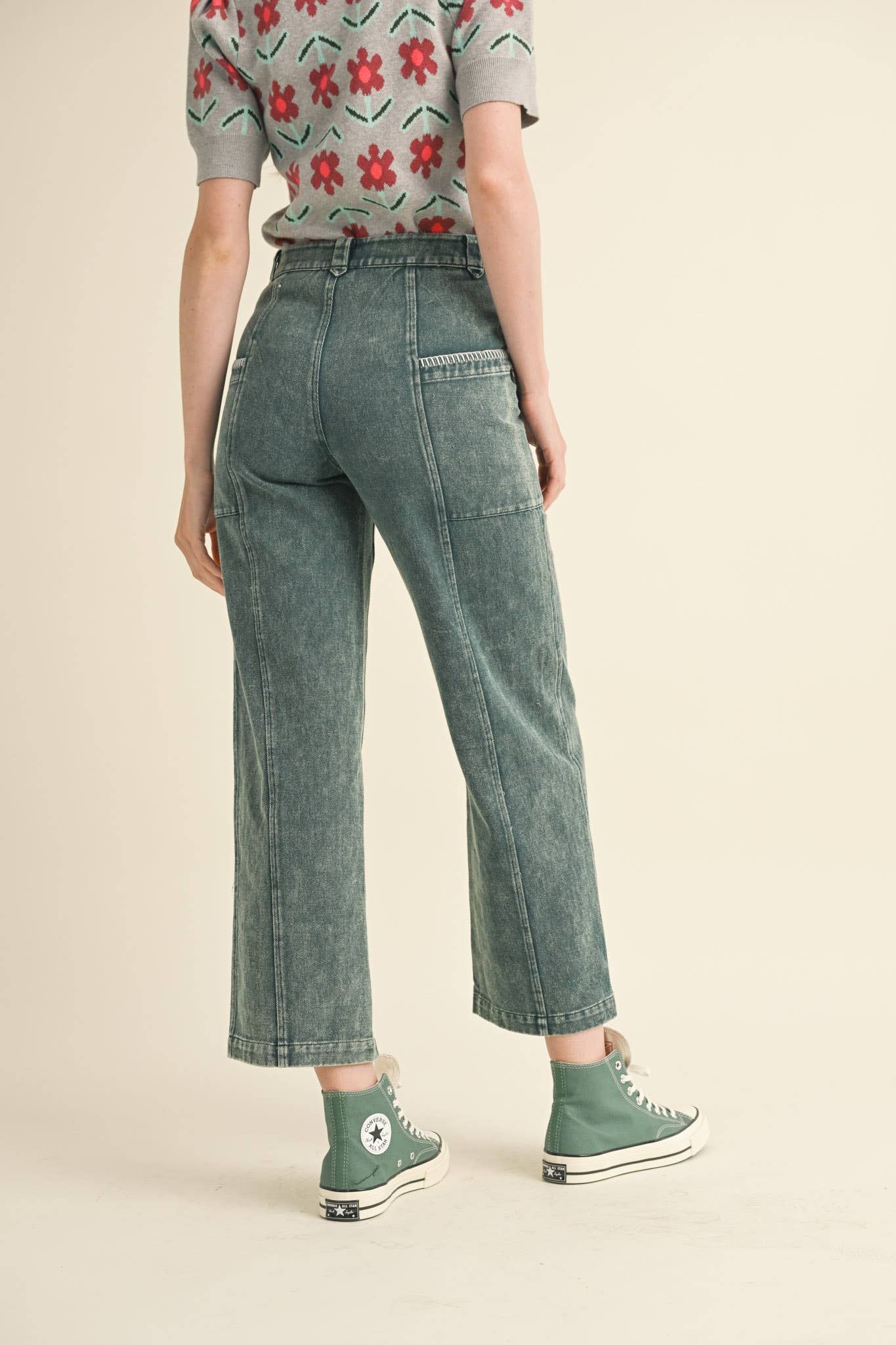 Scallop Stitch Straight Leg Pants: Hunter Green
