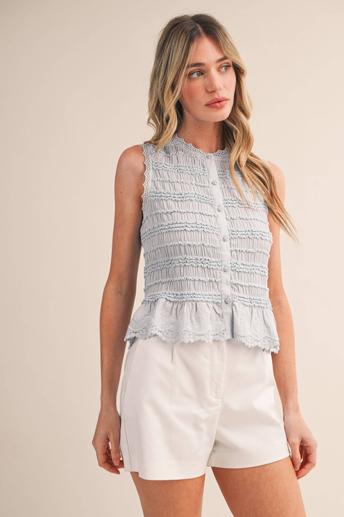 Soft Blue Smocked Lace Trim Top