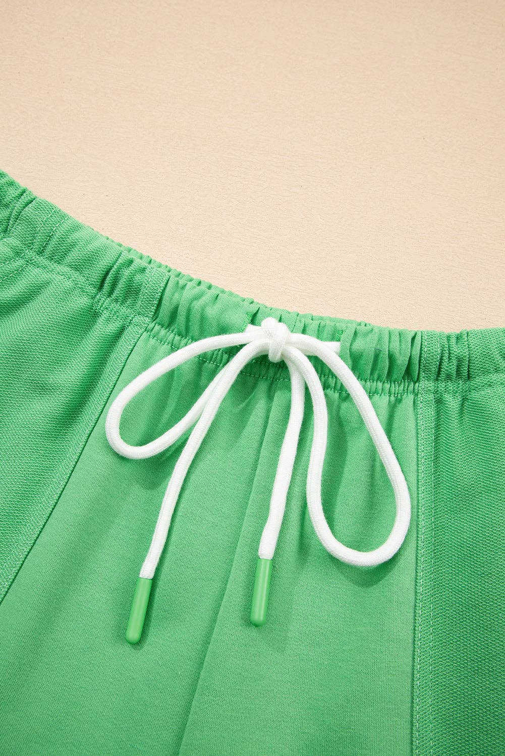 Mint Green V Neck Drop Shoulder Tee and Patchwork Drawstring Shorts Set: Mint Green