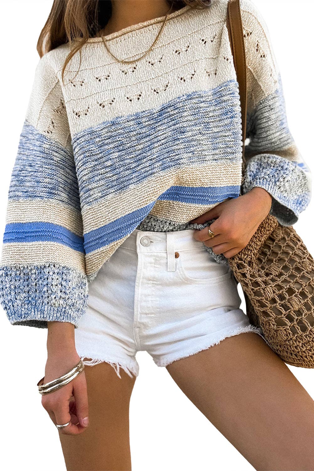 Light Blue 3/4 Sleeve Striped Sweater