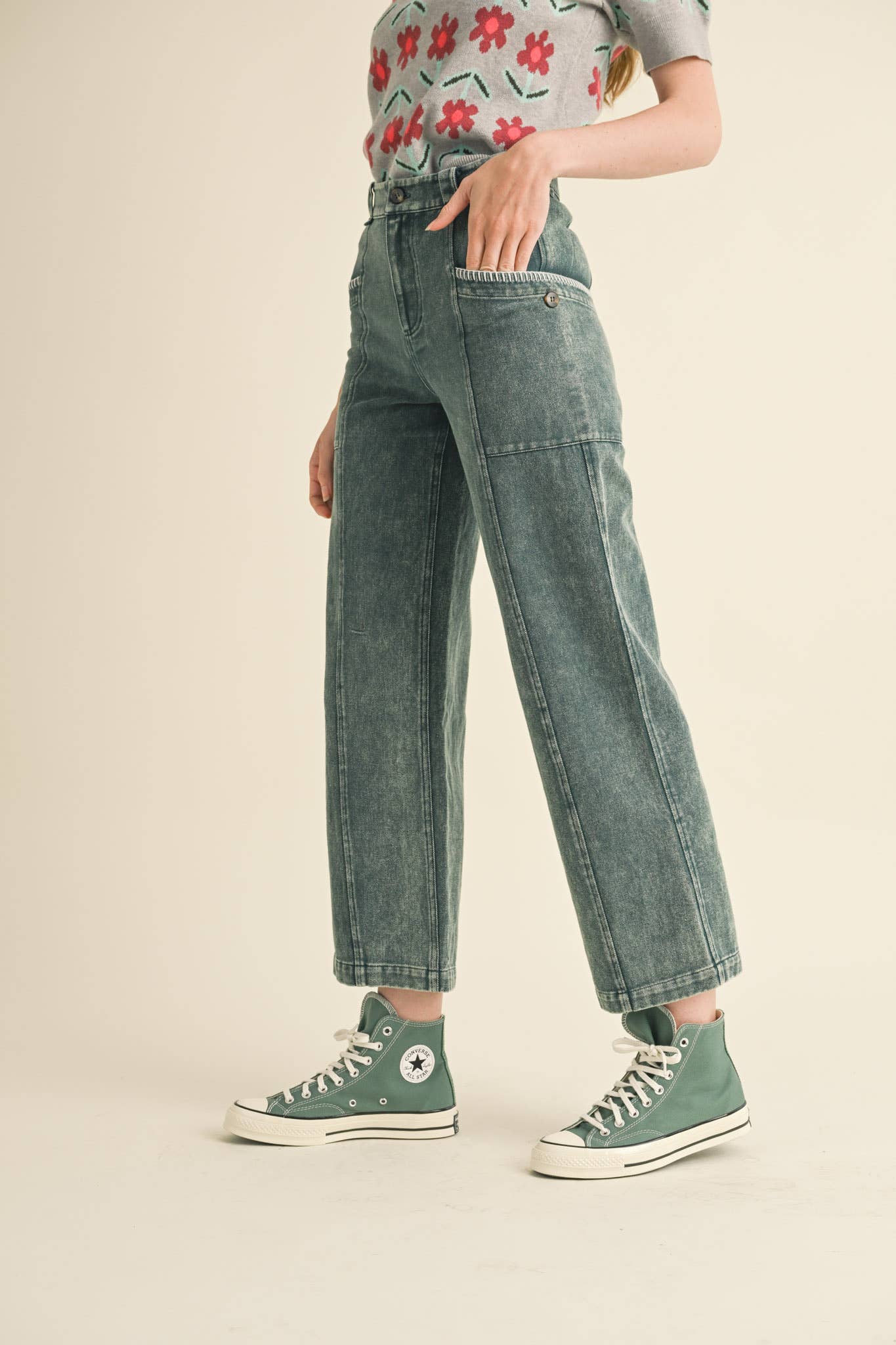 Scallop Stitch Straight Leg Pants: Hunter Green