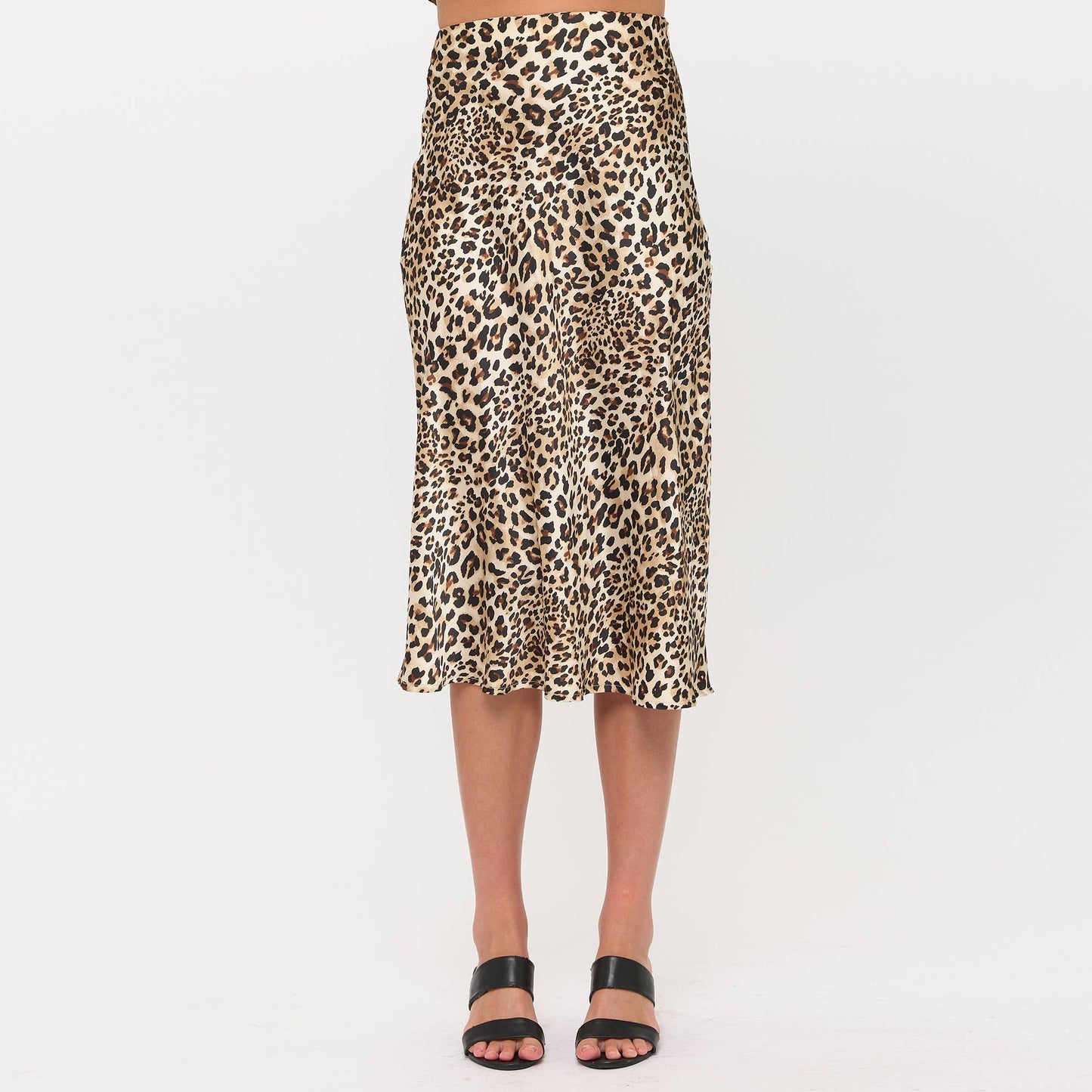 Satin Midi Slip Skirt with Waistband- Leopard