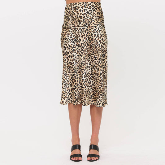 Satin Midi Slip Skirt with Waistband- Leopard