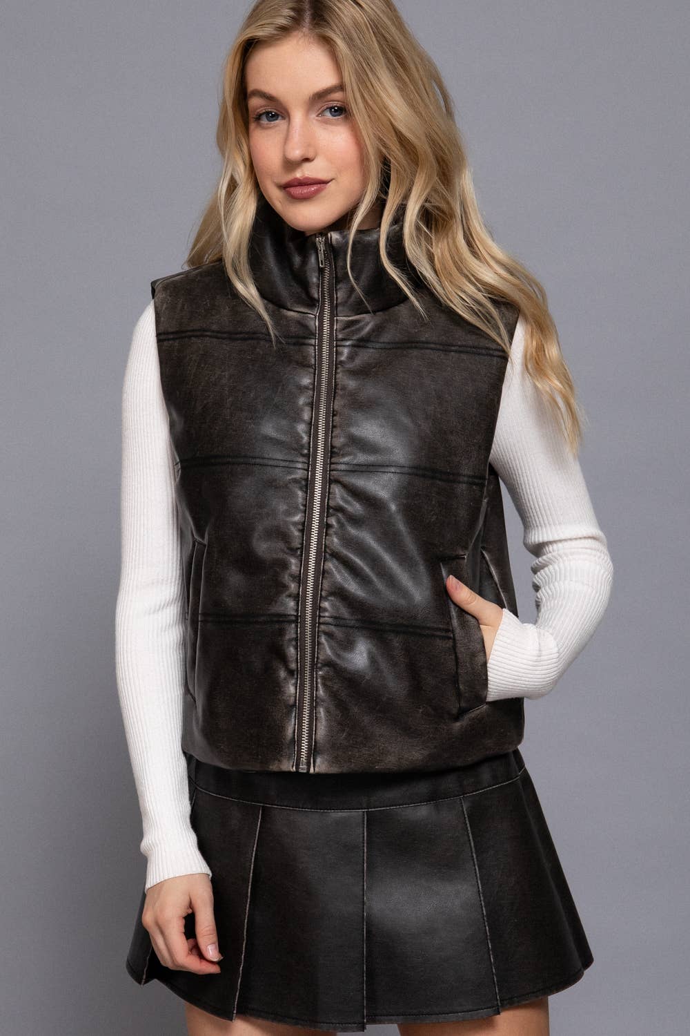 Faux Leather Zip-Up Vest – Matte Black