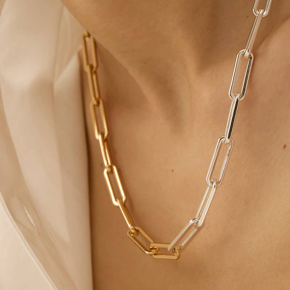 Mixed Metal Stainless Steel 18k Gold Dipped Paperclip Necklace