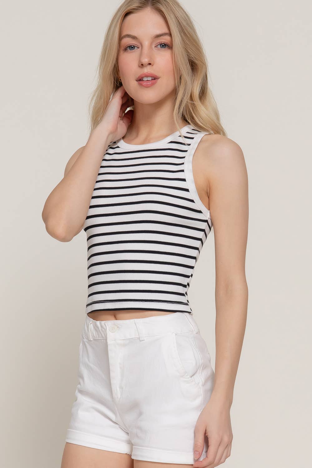 Sleeveless Round Neck Stripe Cotton Rib Knit Top: BLK-off white/black / S