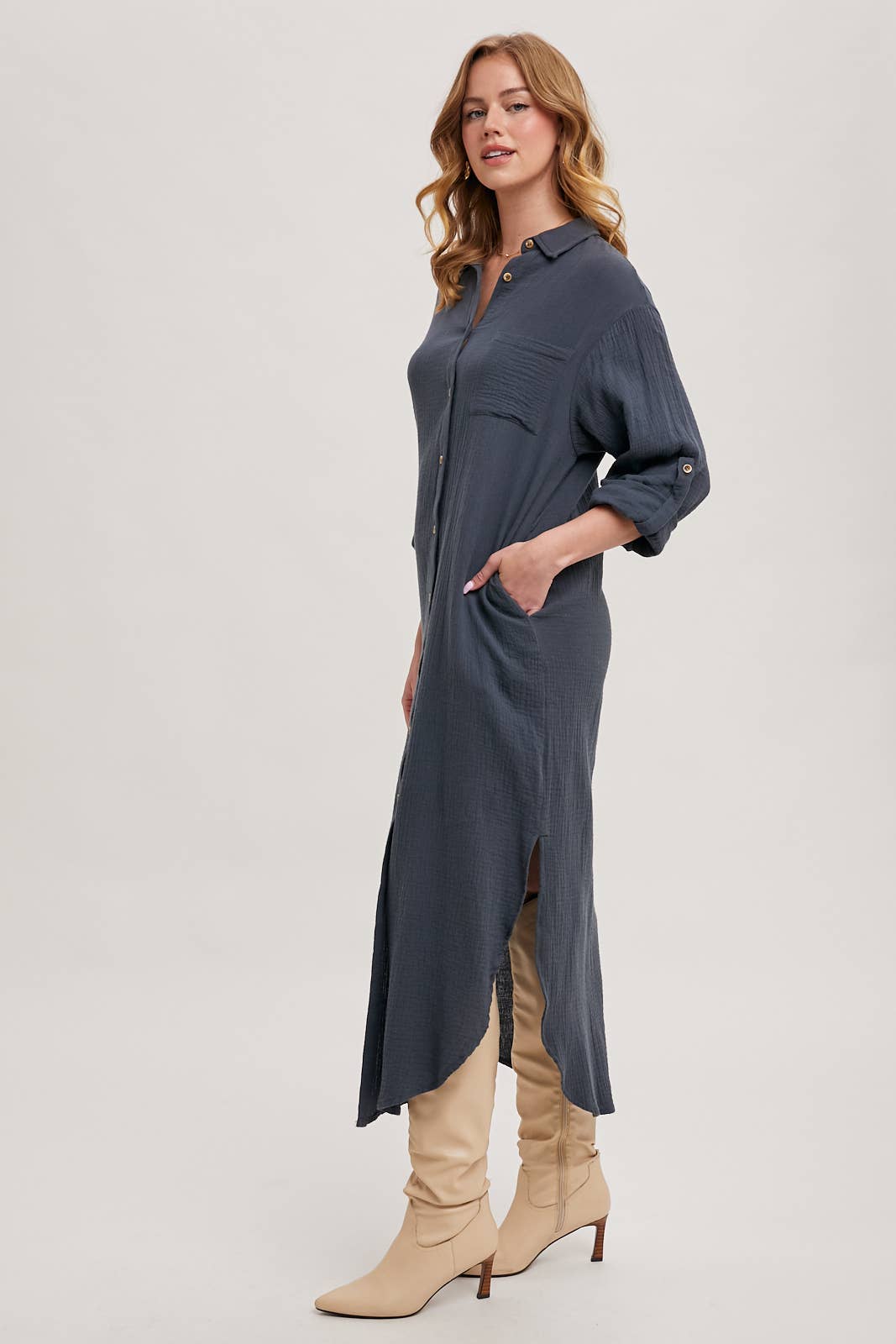 Textured Button-Up Maxi Dress | Collared Woven Dress with Pockets