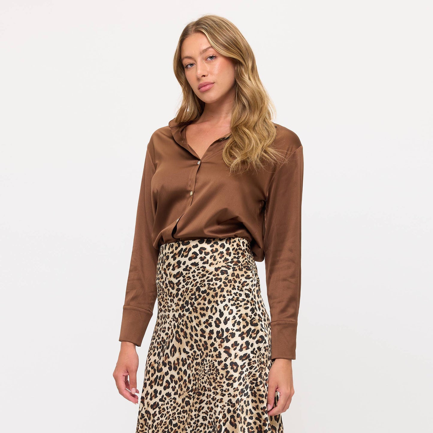 Long Sleeve Classic Satin Button-Up Blouse- Brown