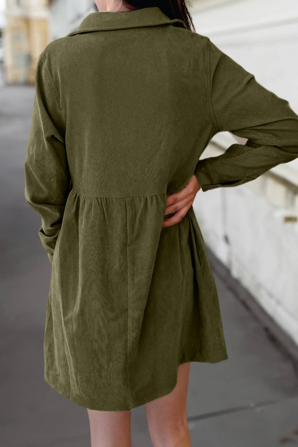 Corduroy Half Button Collared Long Sleeve Dress | Olive Green