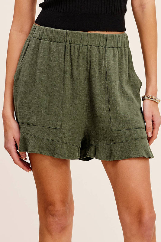 Flared Hem Elastic Band Shorts with Front Pockets- Olive