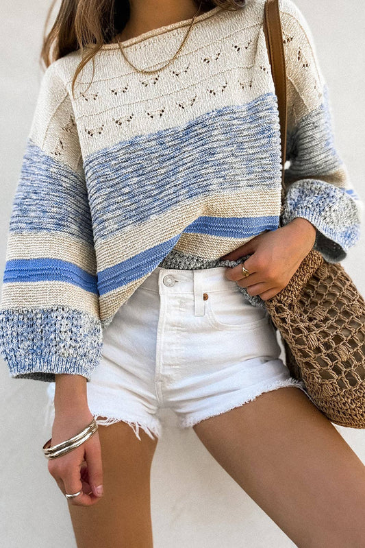 Light Blue 3/4 Sleeve Striped Sweater