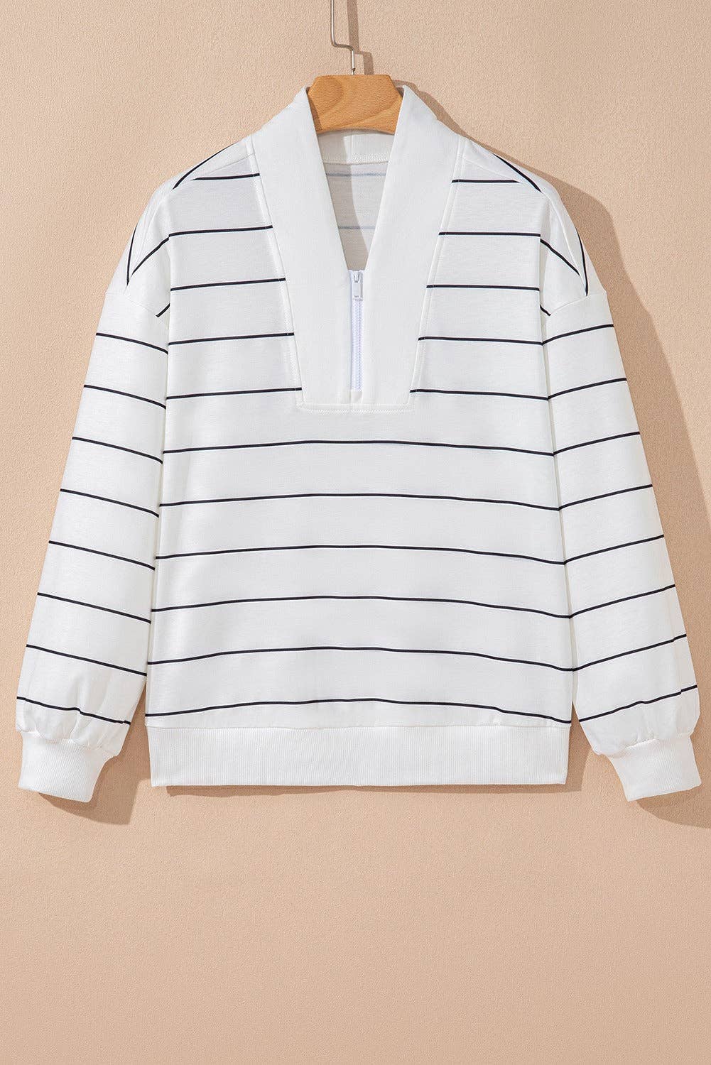 White Zip V Neck Striped Drop Shoulder Long Sleeve Top