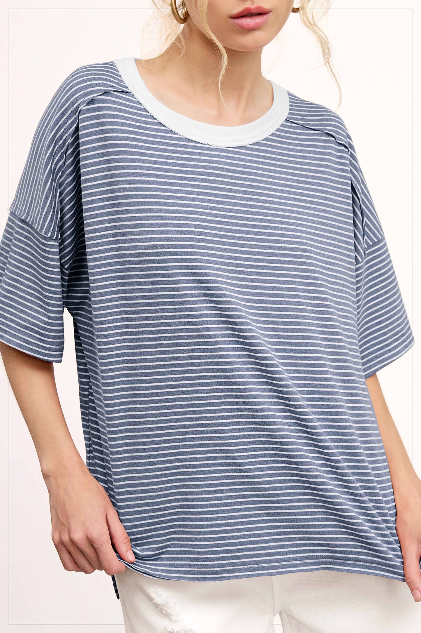 Basic Striped Drop Shoulder Short Sleeves Top: Denim Blue