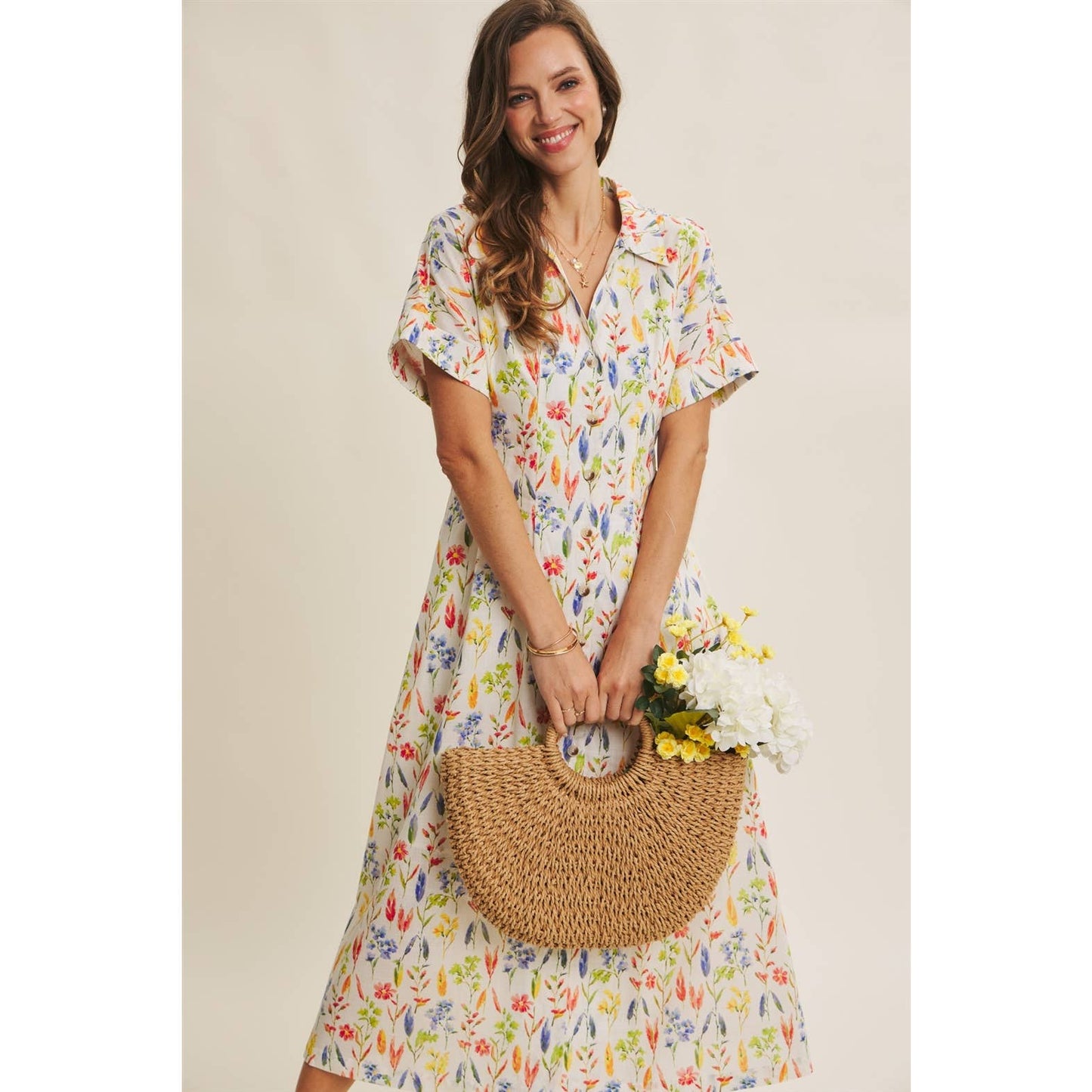 Romantic Floral Pleated Waist Button-Down Midi Dress