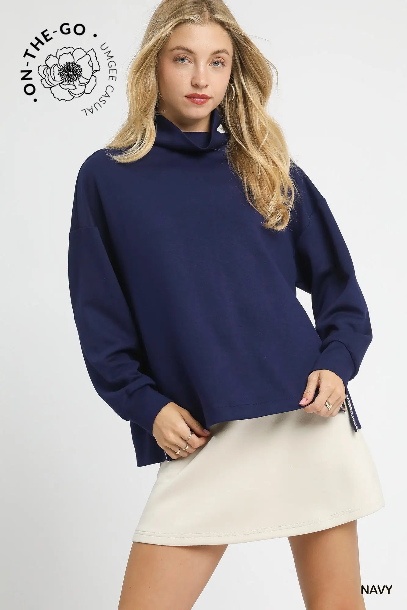 On the Go Luxe Knit Mock Neck Top- Navy