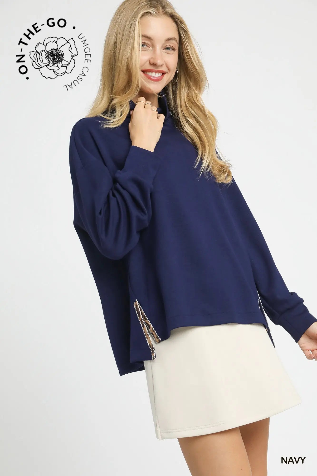 On the Go Luxe Knit Mock Neck Top- Navy
